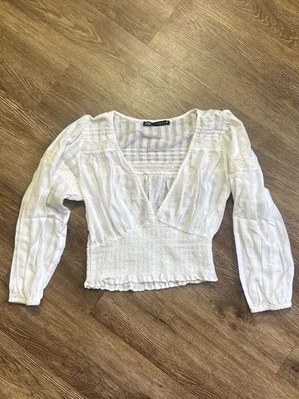 ZARA White Smocked Waist Crochet Trim V-Neck Puff Sleeve Blouse